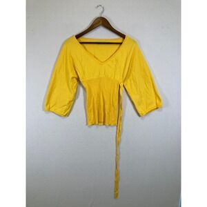Zara Basics Knit V-Neck Top Womens S Yellow Ribbed Waist Side Tie Bell Sleeve